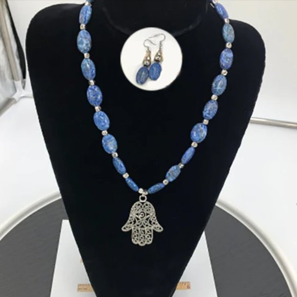 Blue Hand Design Pendant Necklace and Earrings Set - Picture 1 of 5